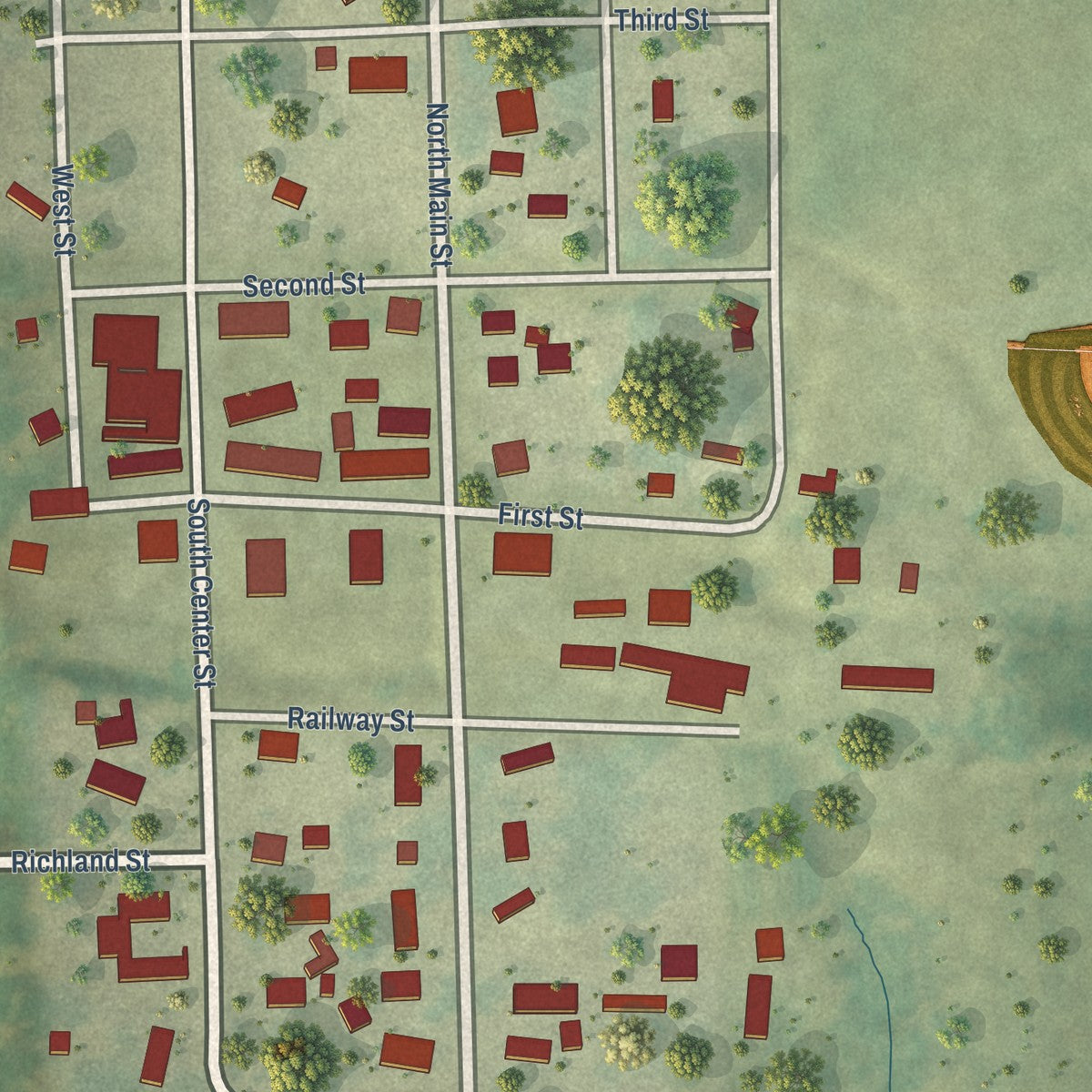 Close-up of the map of Dundee, Iowa print showing street and building detail