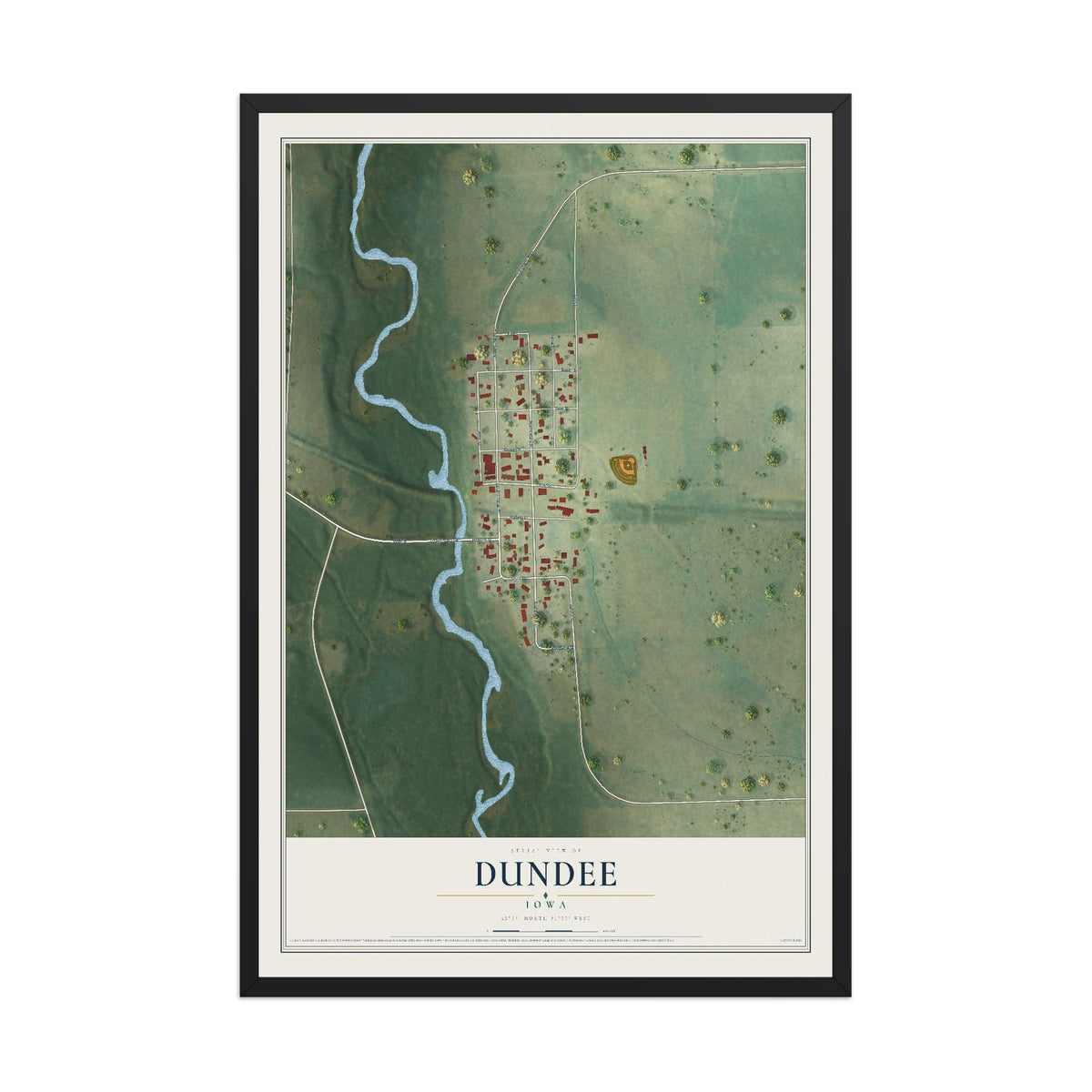 Map of Dundee, Iowa, 12 x 18 inch print in a black wood frame