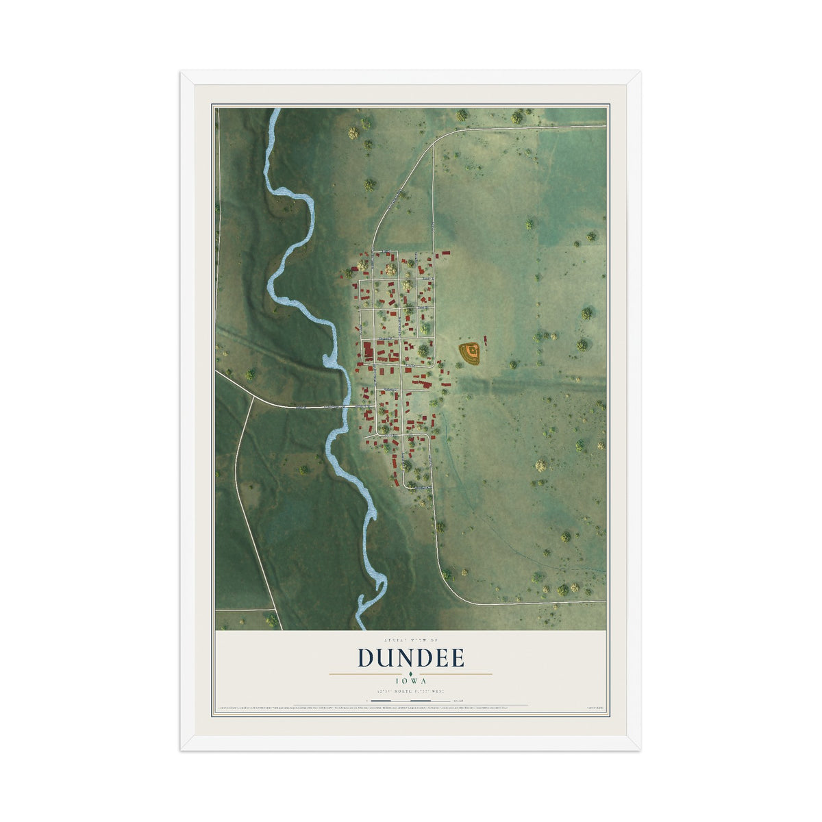 Map of Dundee, Iowa, 12 x 18 inch print in a white wood frame