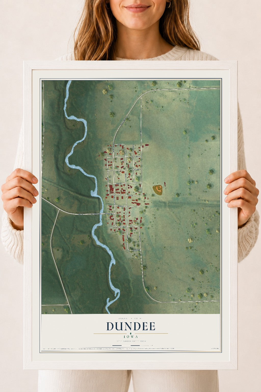 Map of Dundee, Iowa, 18 x 24 inch print in a white wood frame