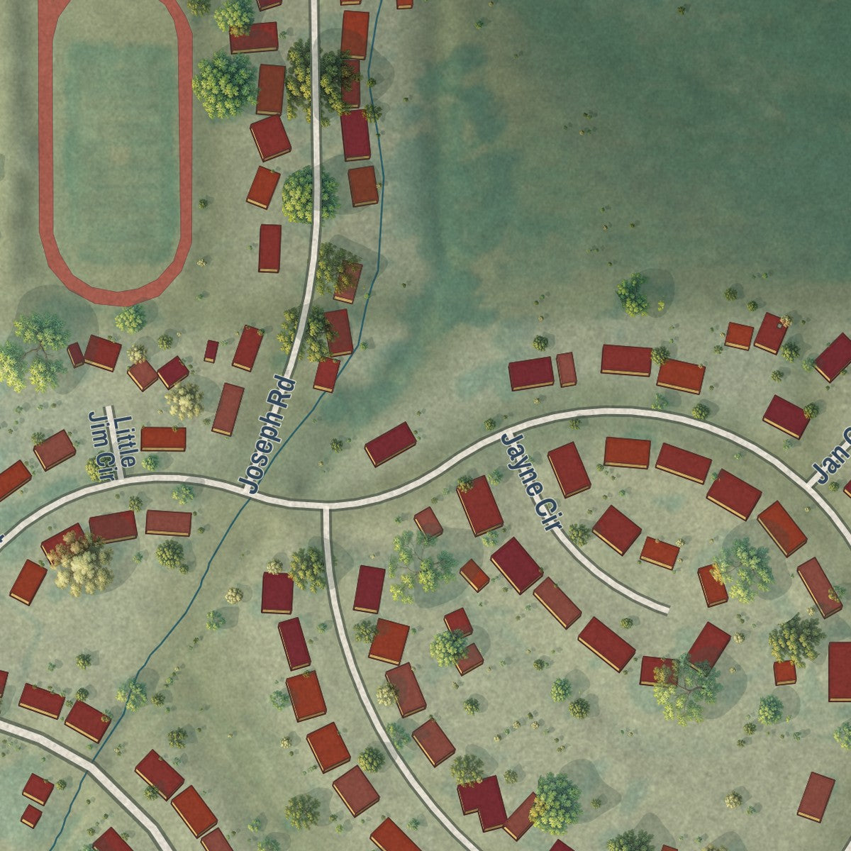 Second close-up of the map of Dunkerton, Iowa print showing more streets and buildings