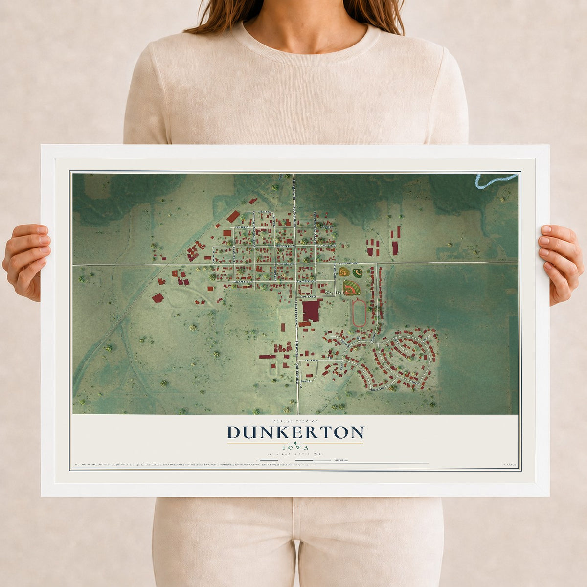 Map of Dunkerton, Iowa, 12 x 18 inch print in a white wood frame