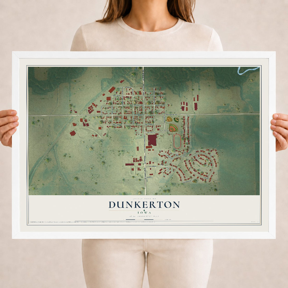 Map of Dunkerton, Iowa, 18 x 24 inch print in a white wood frame