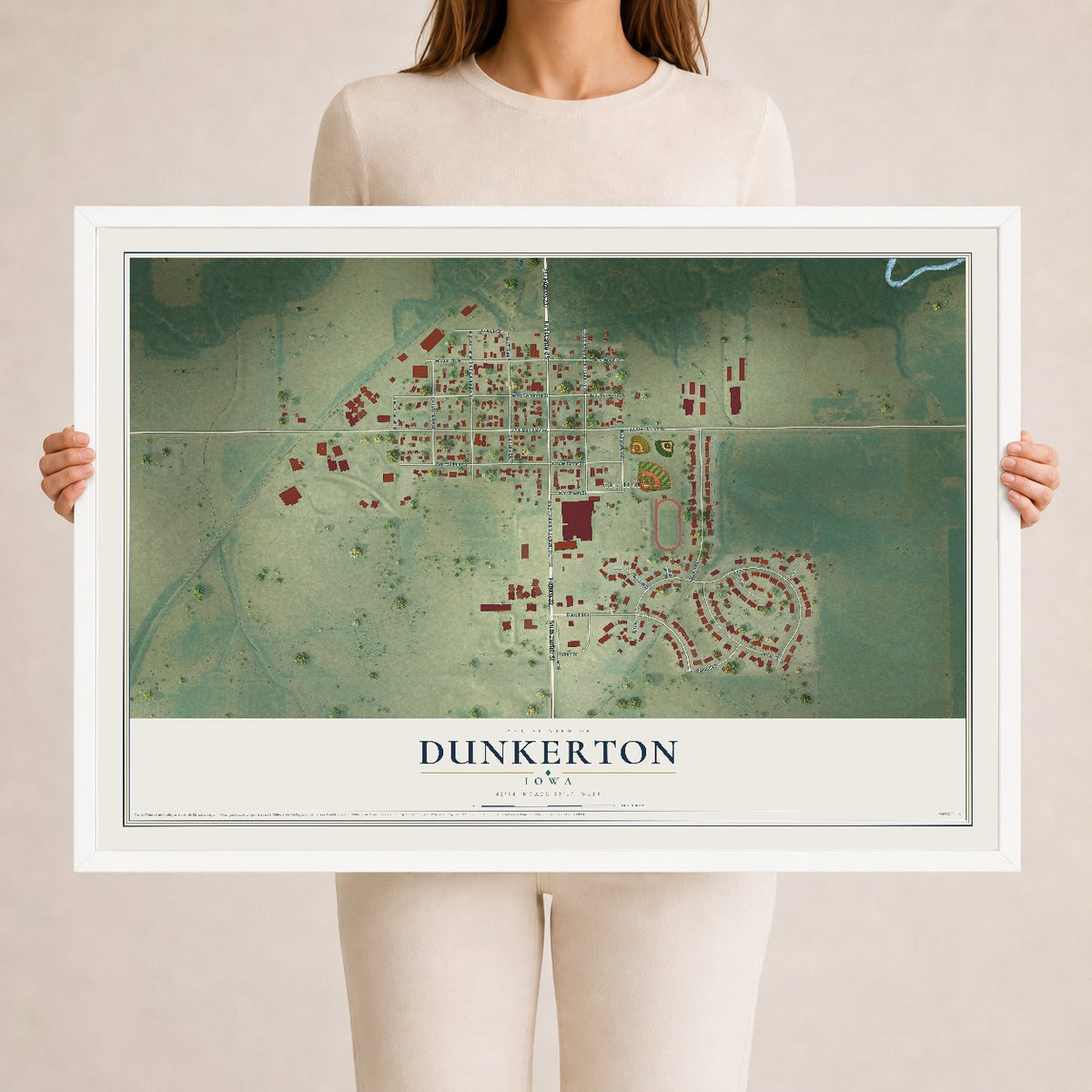 Map of Dunkerton, Iowa, 24 x 36 inch print in a white wood frame