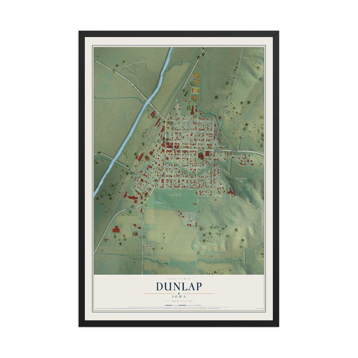 Map of Dunlap, Iowa, 12 x 18 inch print in a black wood frame