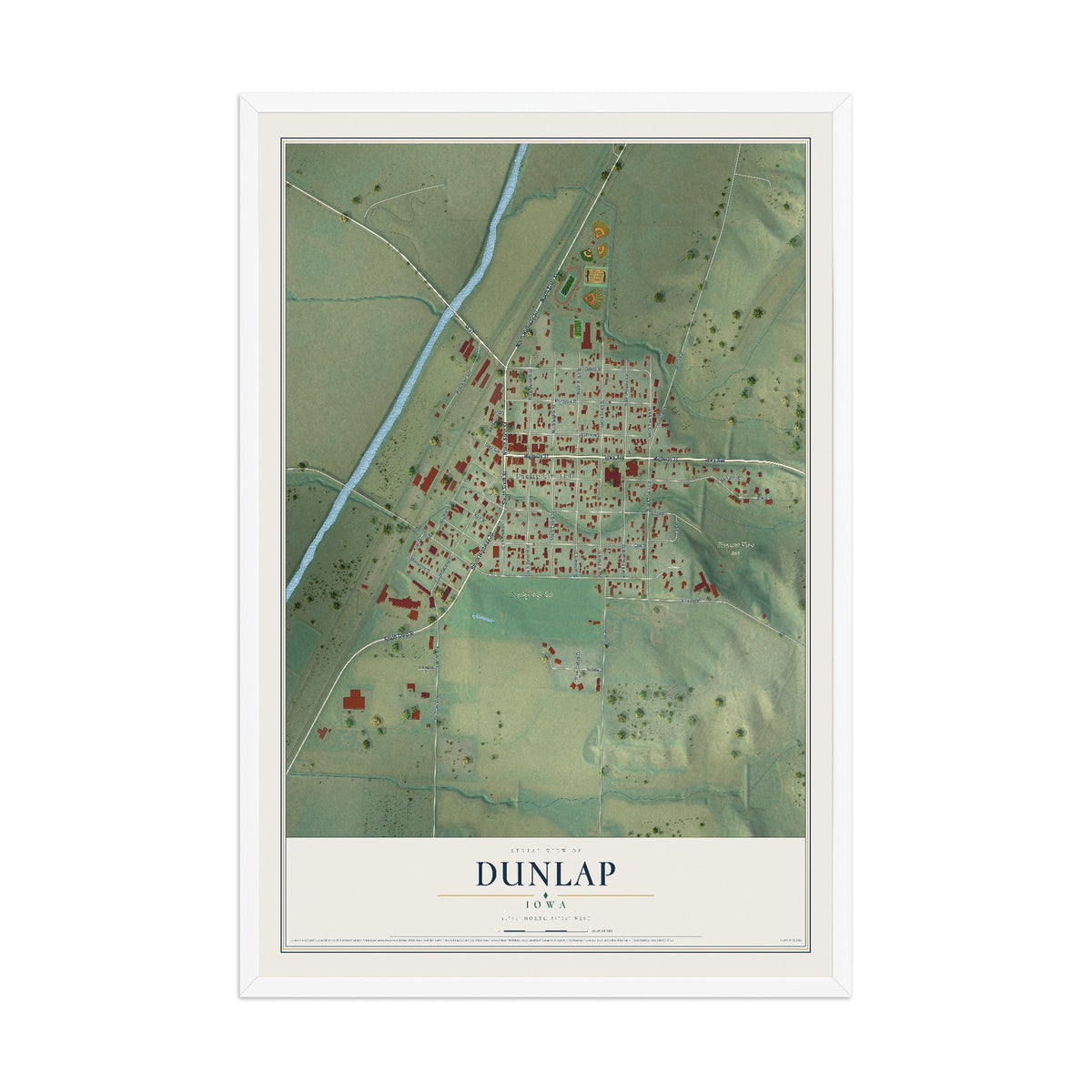 Map of Dunlap, Iowa, 12 x 18 inch print in a white wood frame