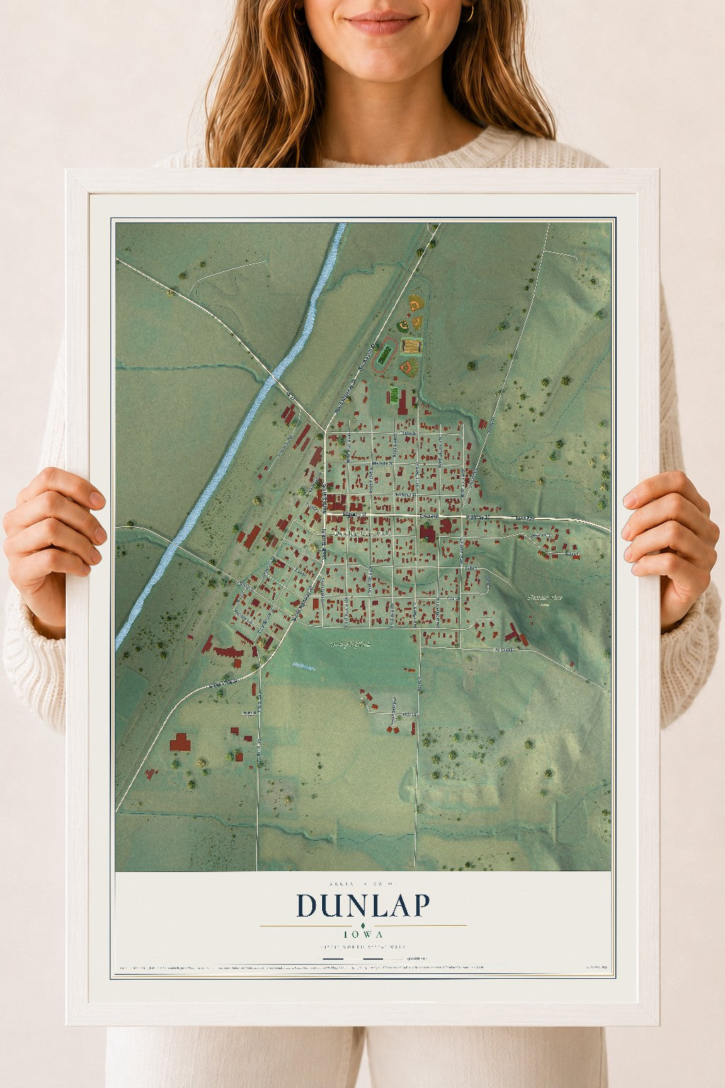 Map of Dunlap, Iowa, 18 x 24 inch print in a white wood frame