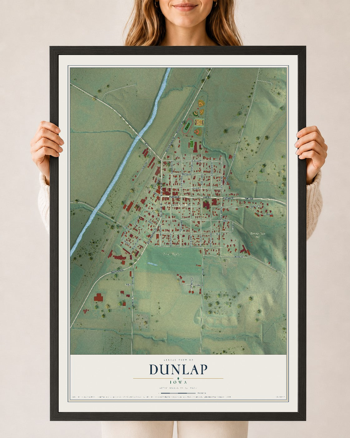 Map of Dunlap, Iowa, 24 x 36 inch print in a black wood frame