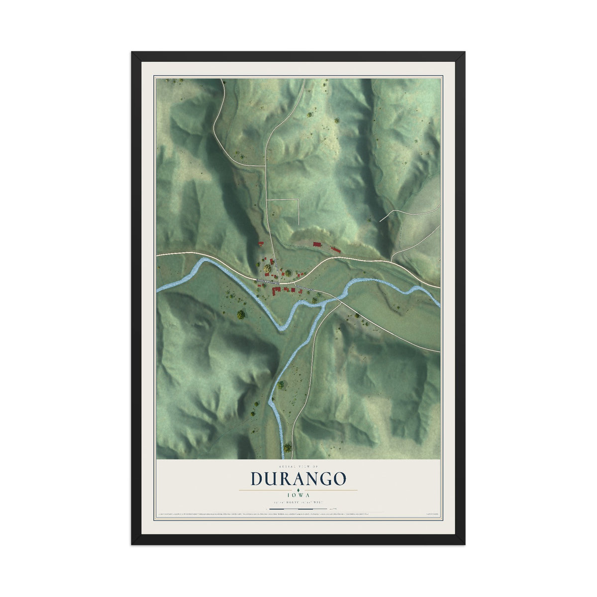 Map of Durango, Iowa, 12 x 18 inch print in a black wood frame