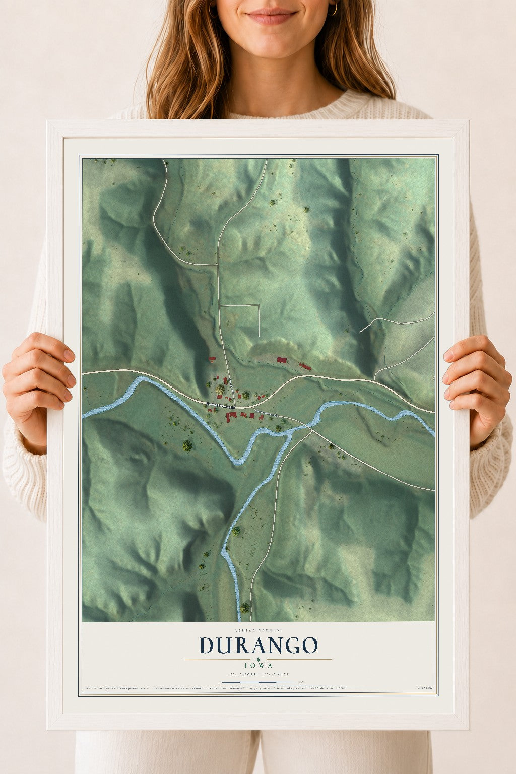 Map of Durango, Iowa, 18 x 24 inch print in a white wood frame