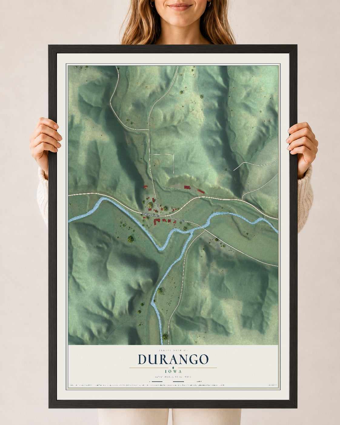 Map of Durango, Iowa, 24 x 36 inch print in a black wood frame
