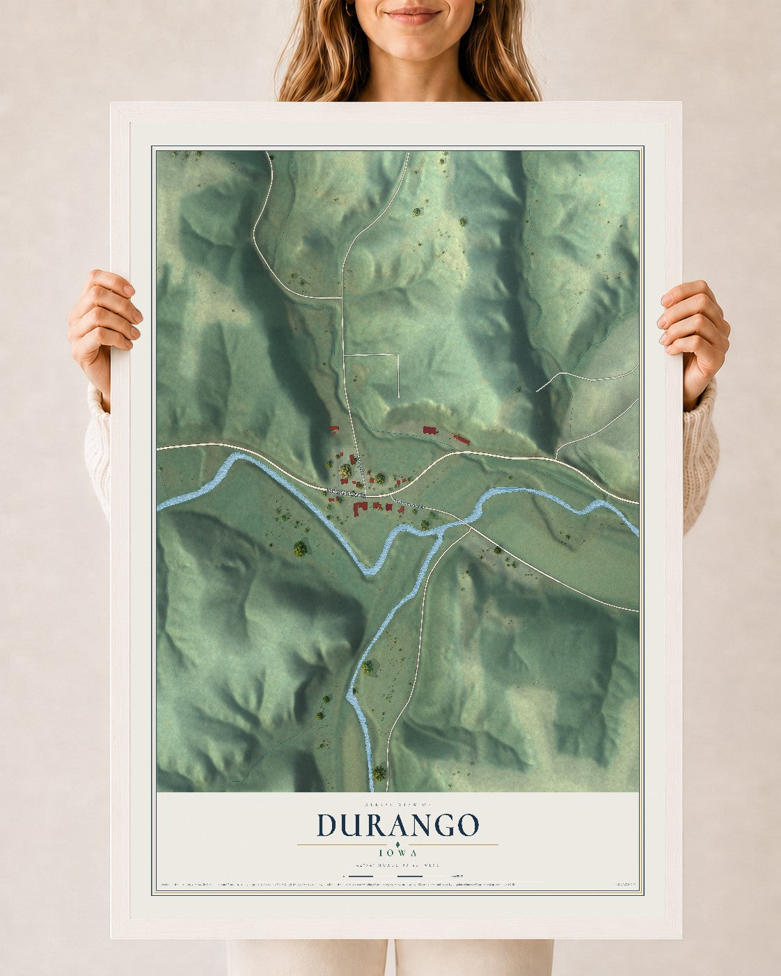 Map of Durango, Iowa, 24 x 36 inch print in a white wood frame