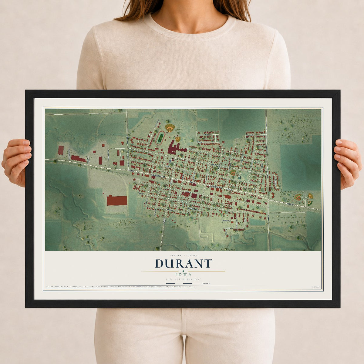 Map of Durant, Iowa, 12 x 18 inch print in a black wood frame