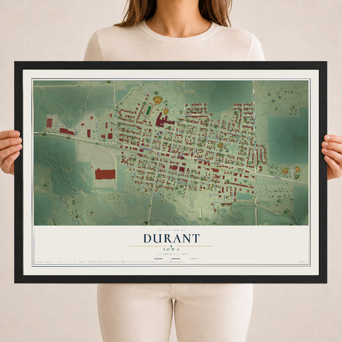 Map of Durant, Iowa, 18 x 24 inch print in a black wood frame