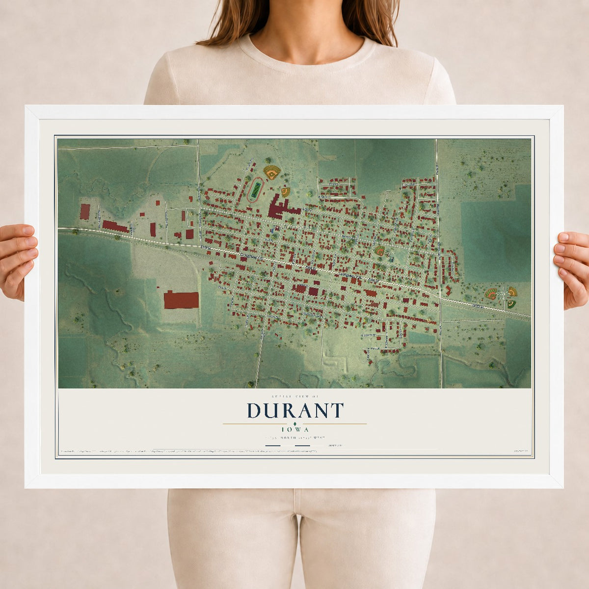 Map of Durant, Iowa, 18 x 24 inch print in a white wood frame