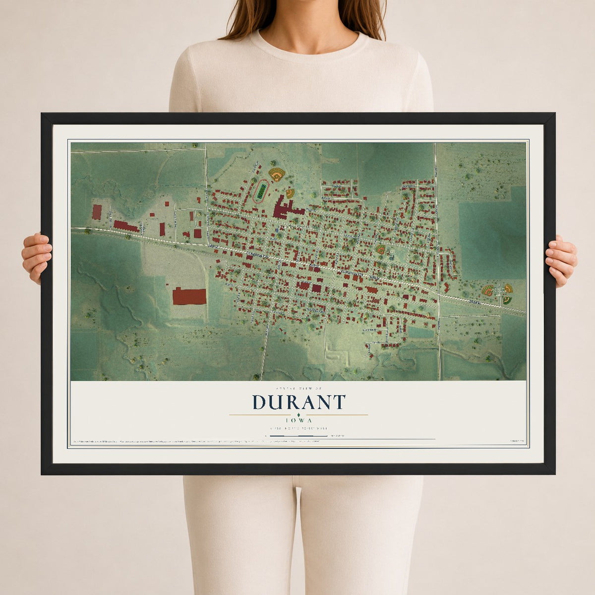 Map of Durant, Iowa, 24 x 36 inch print in a black wood frame