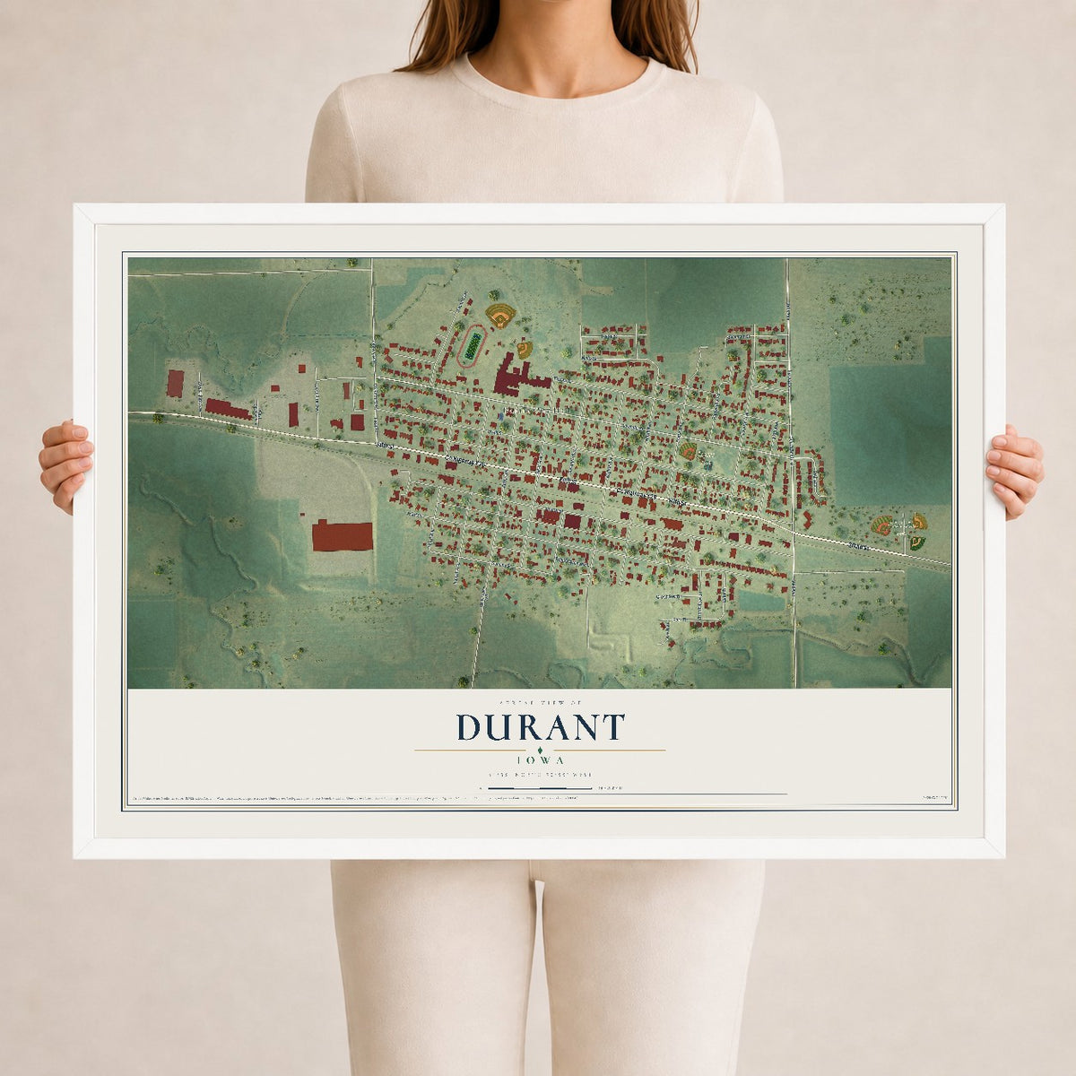 Map of Durant, Iowa, 24 x 36 inch print in a white wood frame