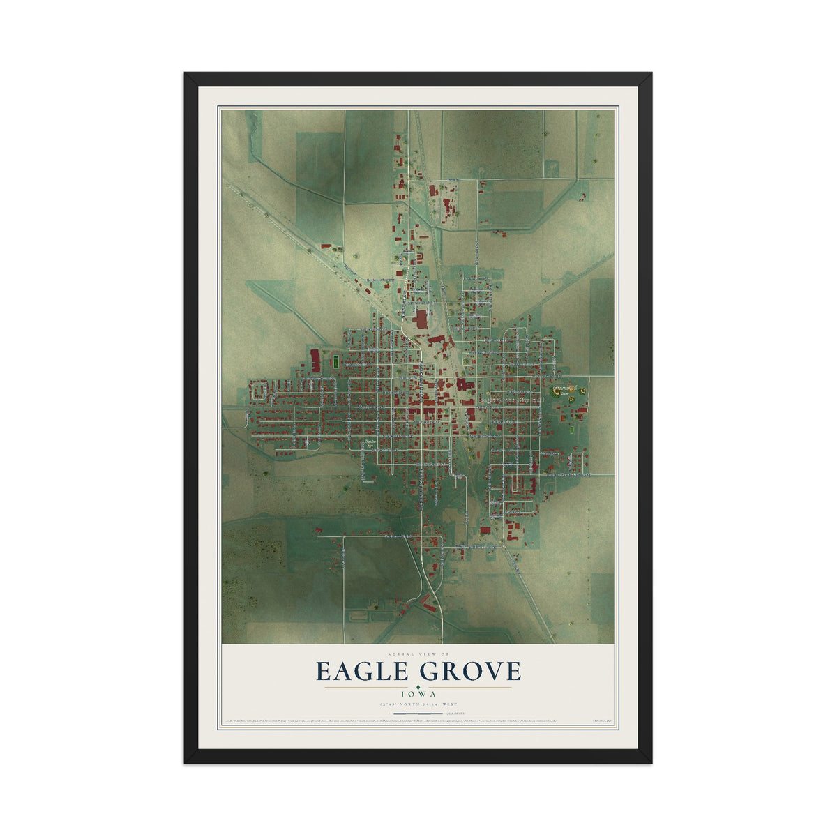 Map of Eagle Grove, Iowa, 12 x 18 inch print in a black wood frame