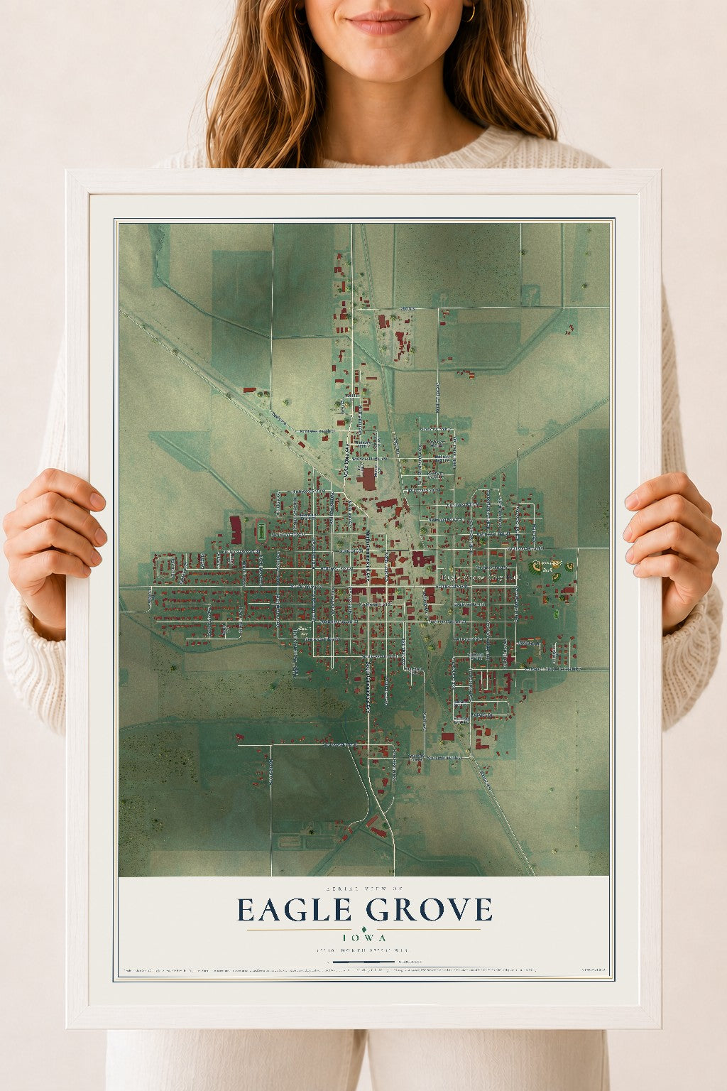 Map of Eagle Grove, Iowa, 18 x 24 inch print in a white wood frame