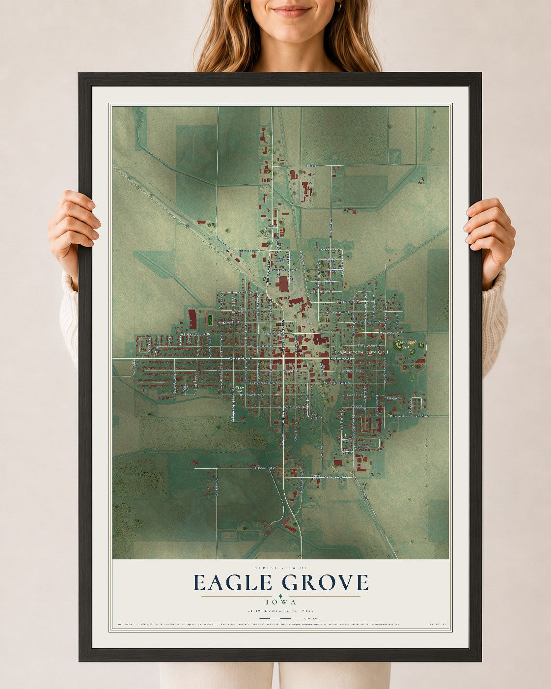 Map of Eagle Grove, Iowa, 24 x 36 inch print in a black wood frame
