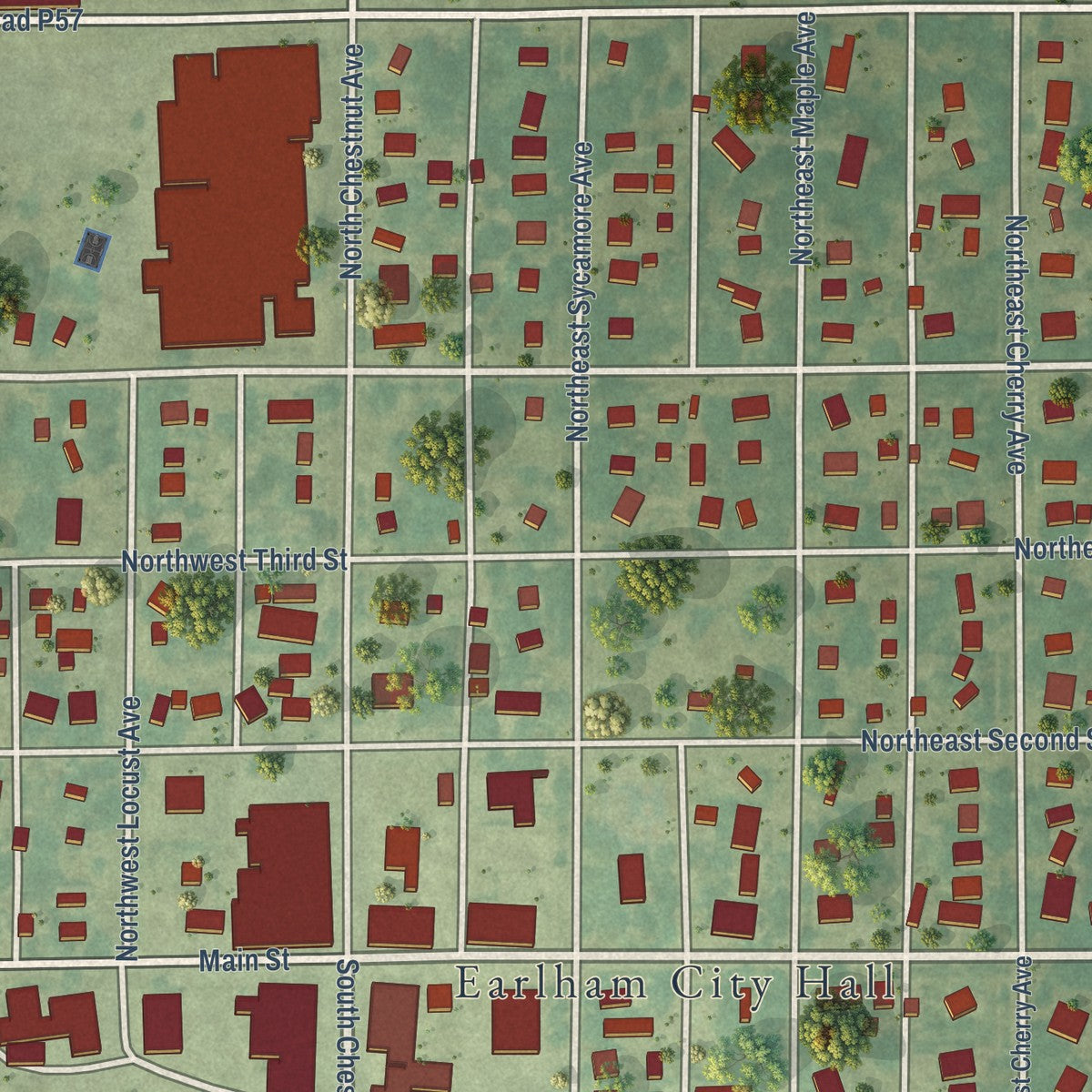 Close-up of the map of Earlham, Iowa print showing street and building detail