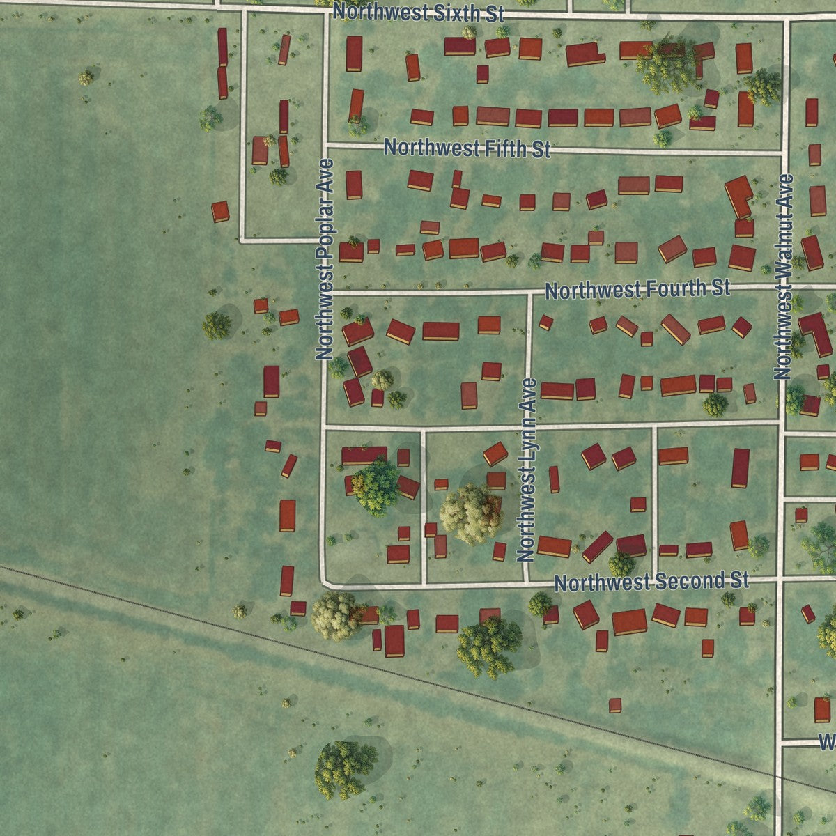 Second close-up of the map of Earlham, Iowa print showing more streets and buildings