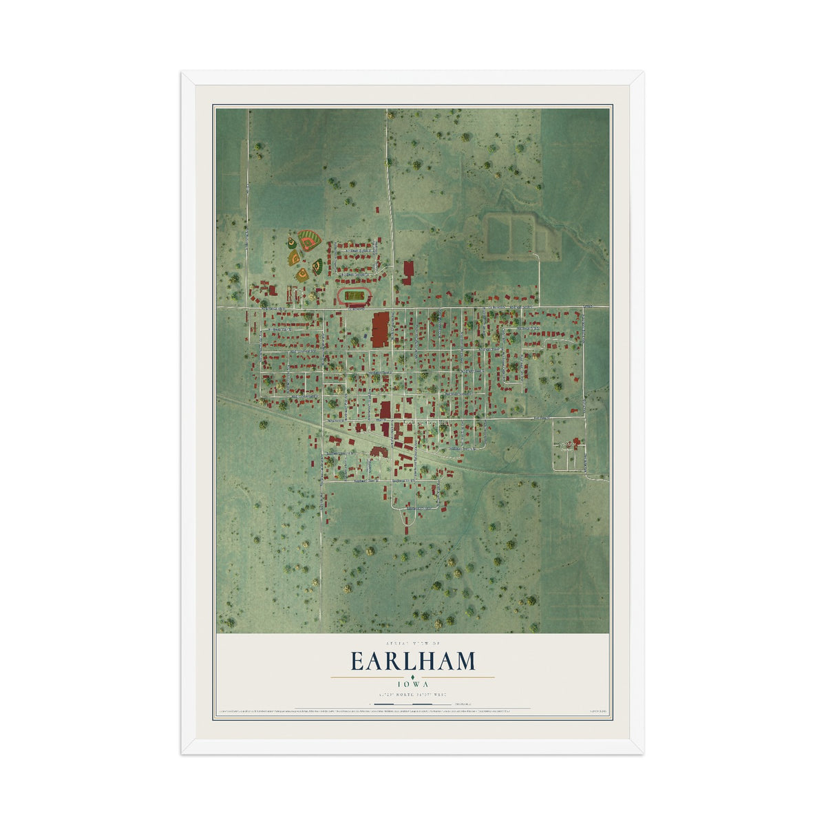 Map of Earlham, Iowa, 12 x 18 inch print in a white wood frame