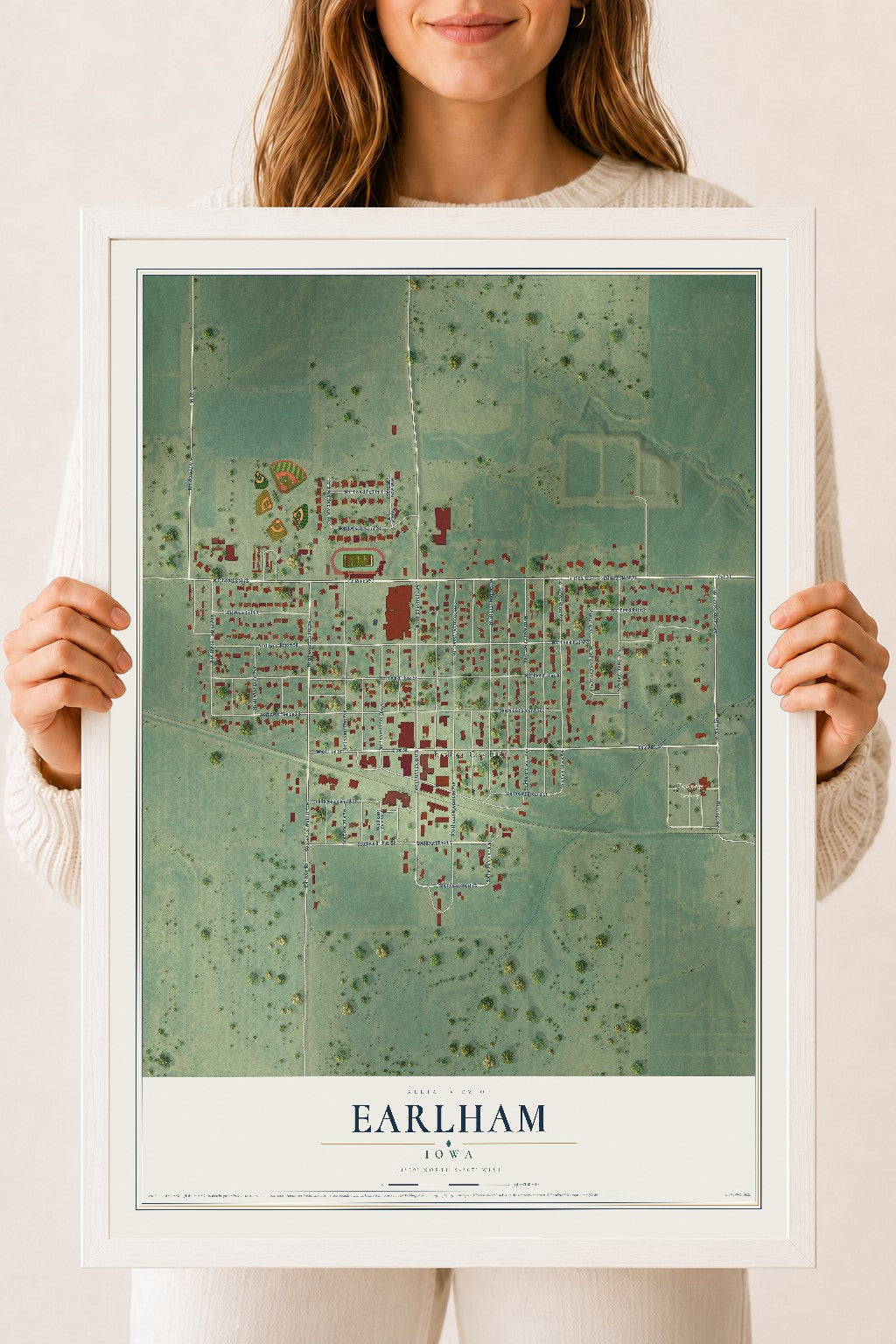 Map of Earlham, Iowa, 18 x 24 inch print in a white wood frame