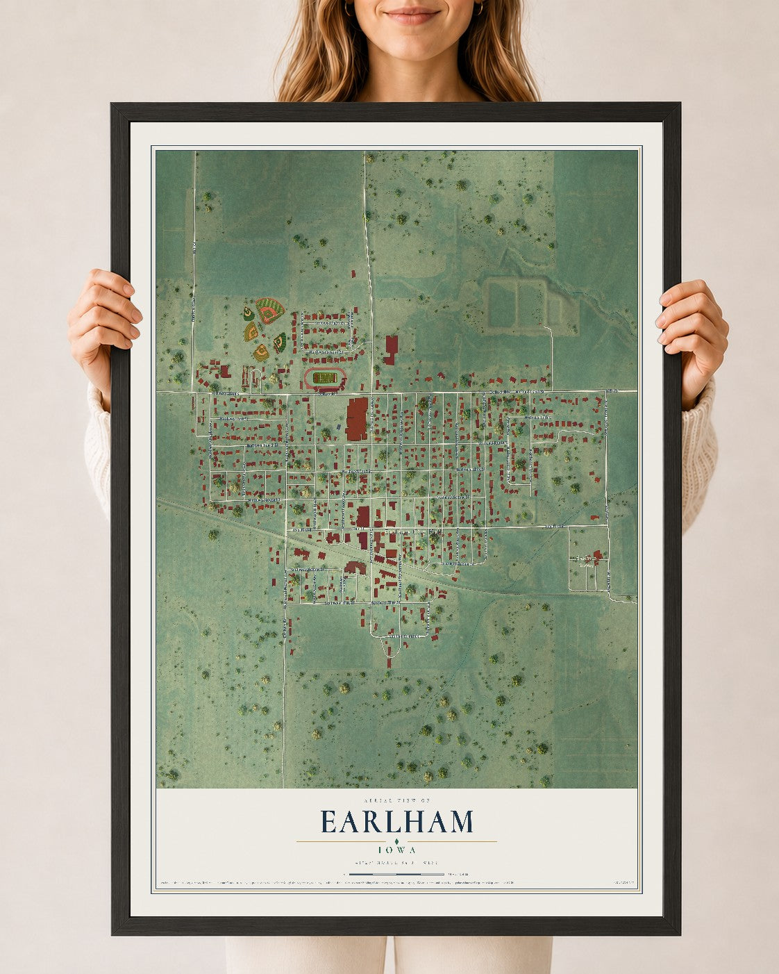 Map of Earlham, Iowa, 24 x 36 inch print in a black wood frame