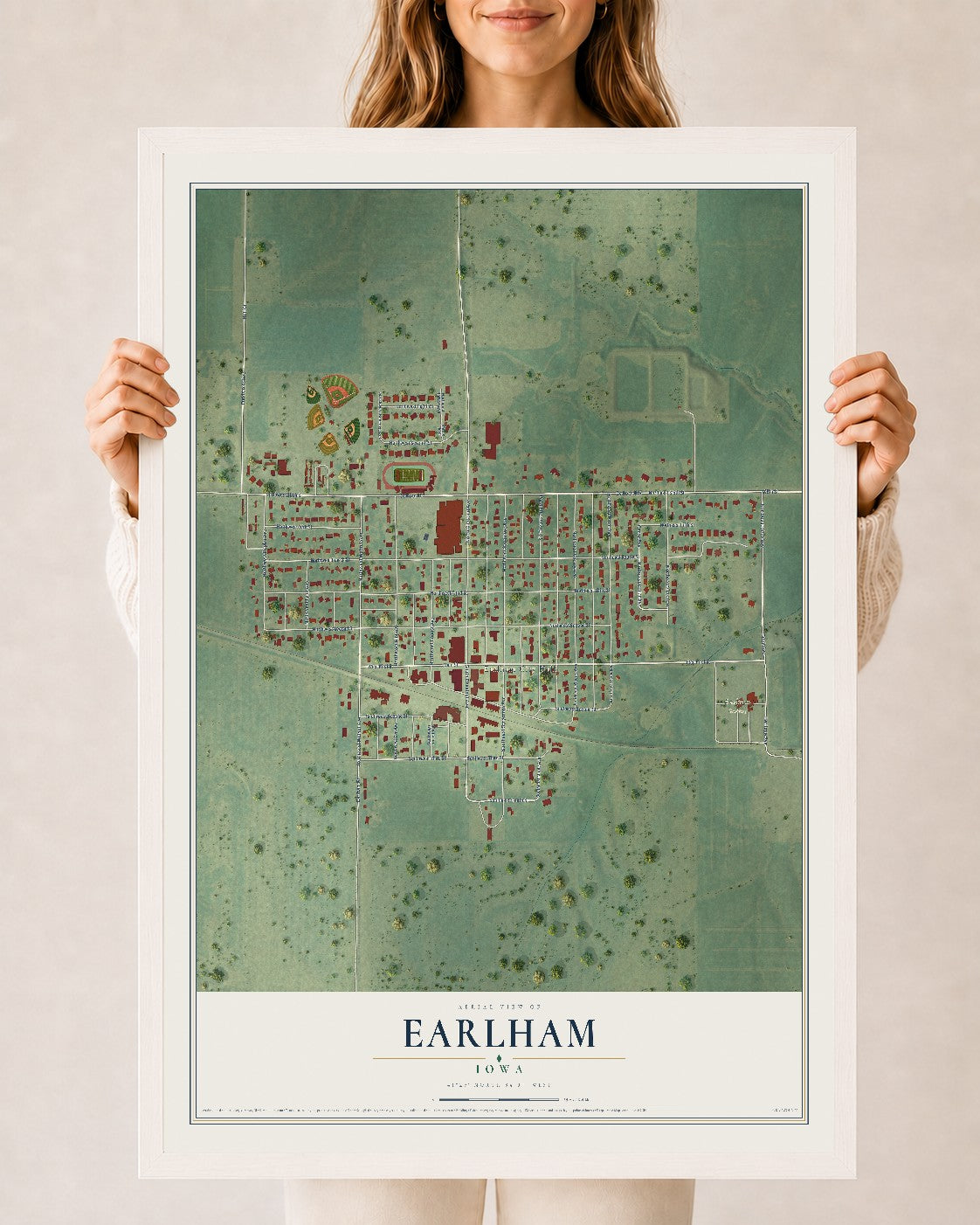 Map of Earlham, Iowa, 24 x 36 inch print in a white wood frame