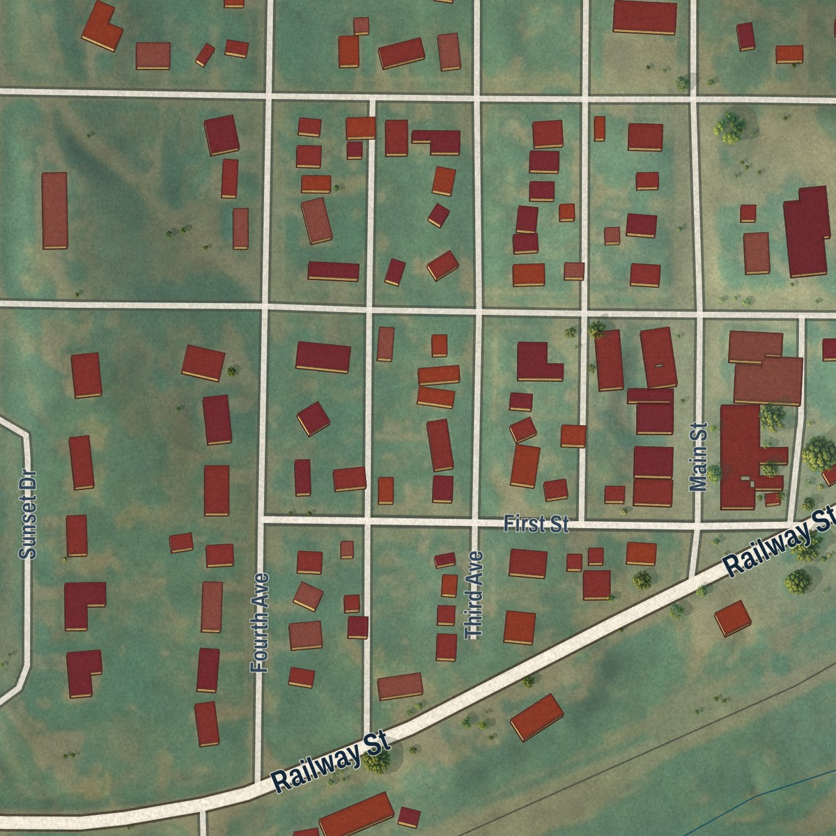 Close-up of the map of Earling, Iowa print showing street and building detail