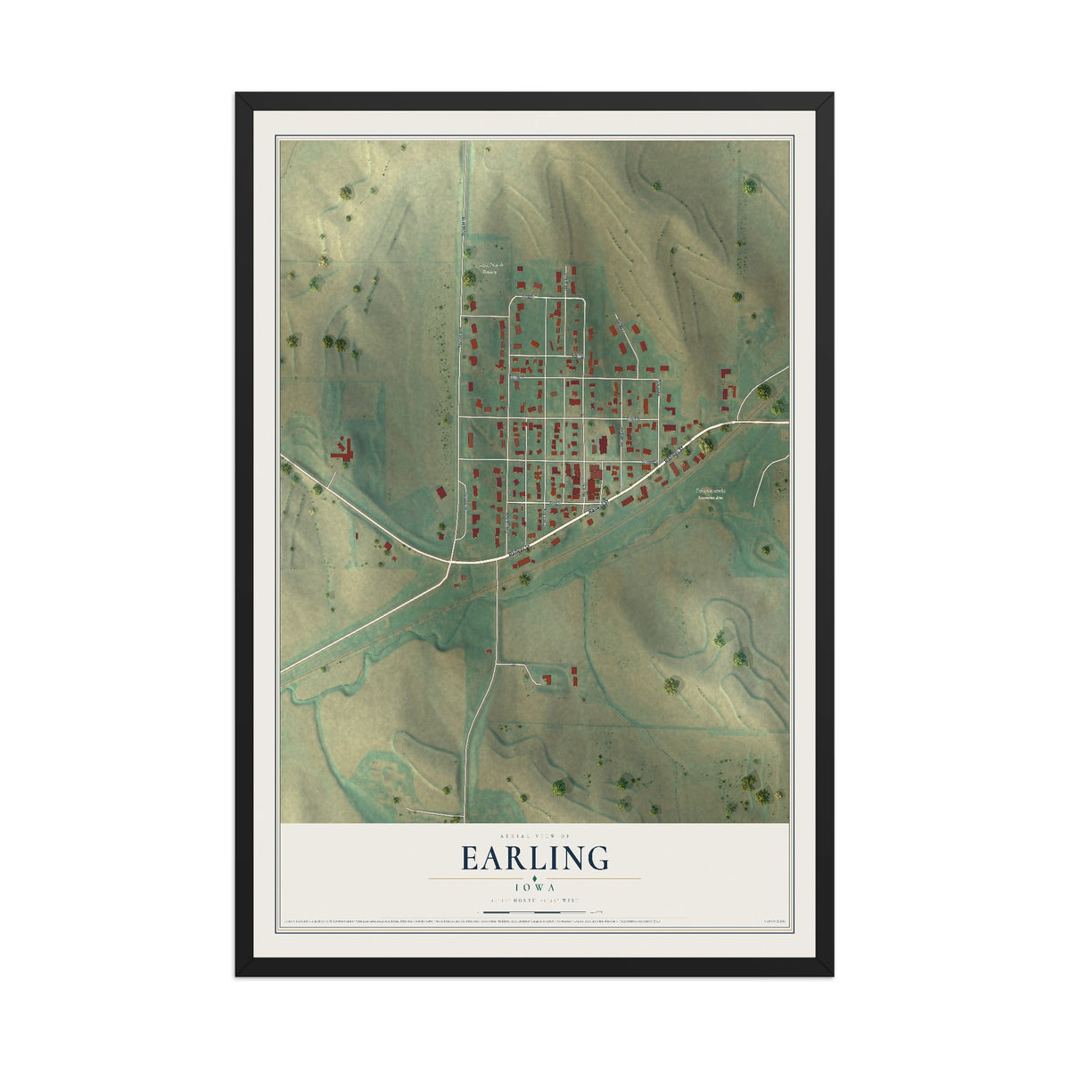 Map of Earling, Iowa, 12 x 18 inch print in a black wood frame
