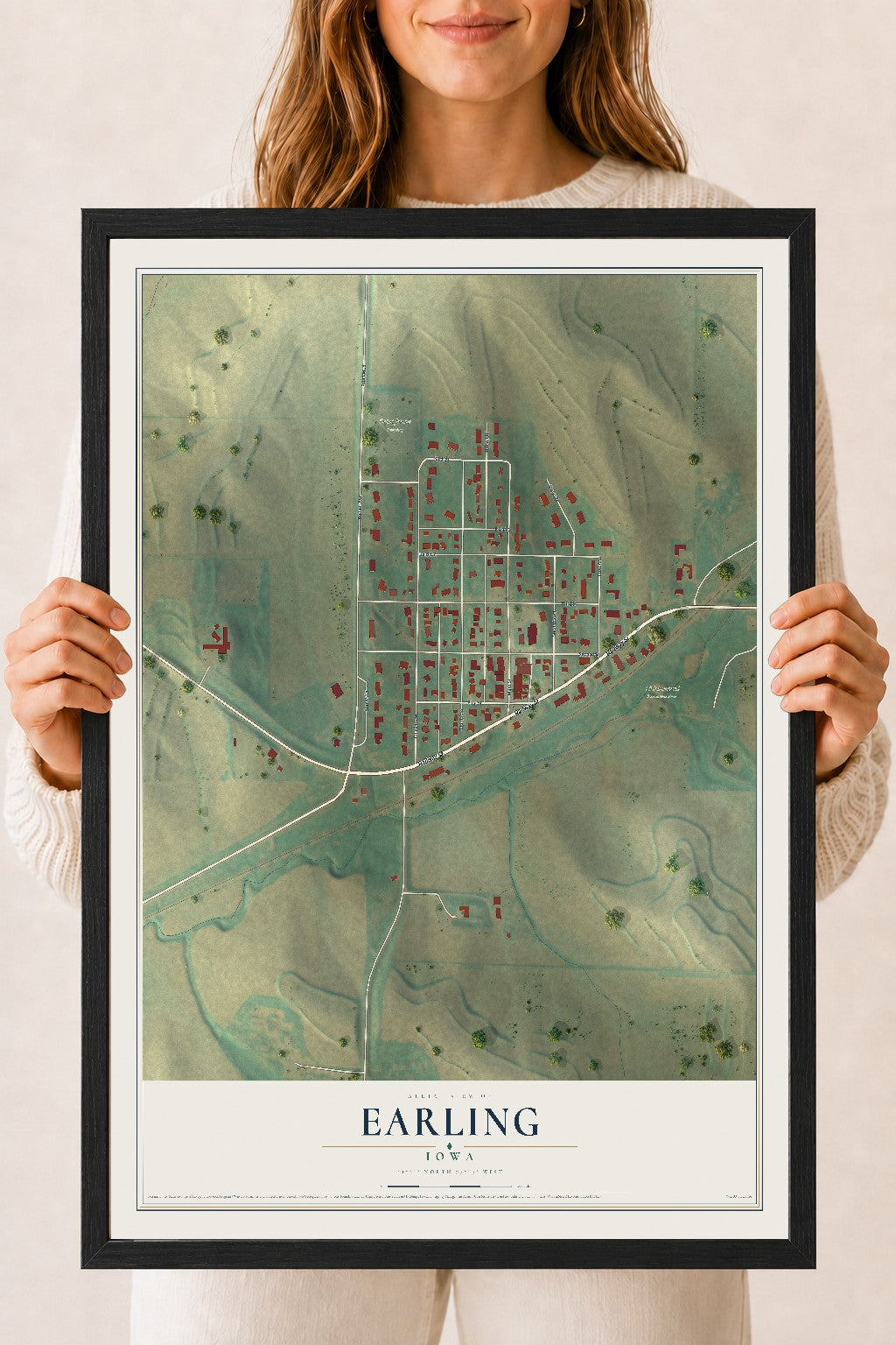 Map of Earling, Iowa, 18 x 24 inch print in a black wood frame
