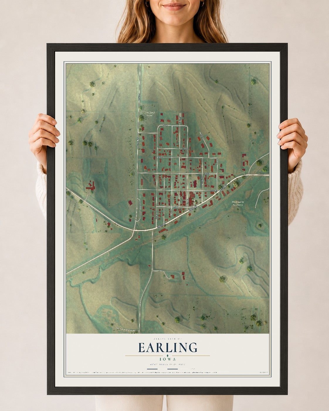 Map of Earling, Iowa, 24 x 36 inch print in a black wood frame