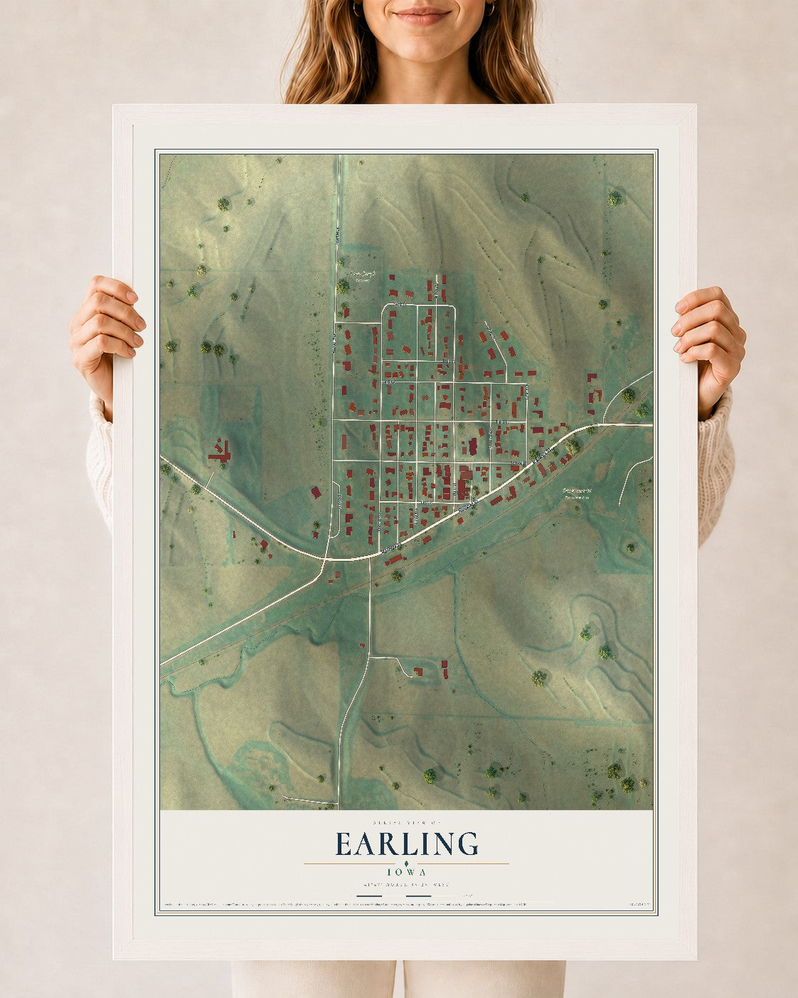 Map of Earling, Iowa, 24 x 36 inch print in a white wood frame