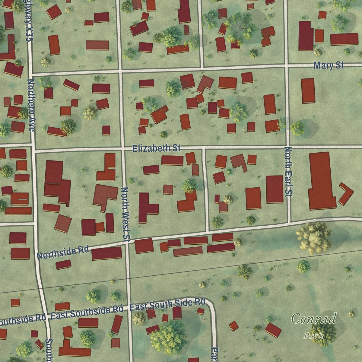 Close-up of the map of Earlville, Iowa print showing street and building detail