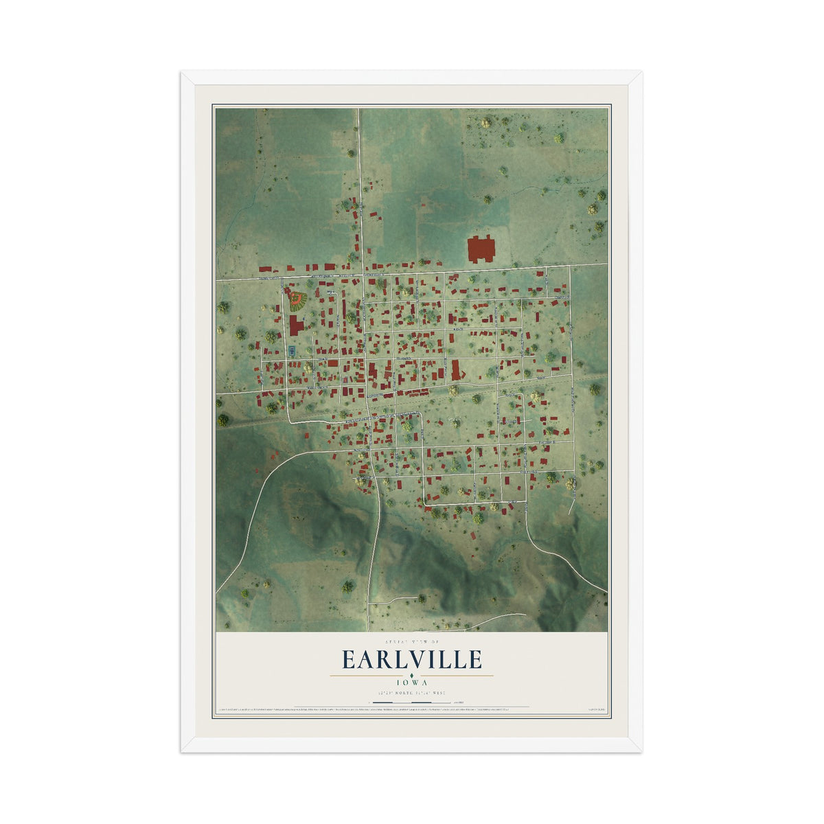 Map of Earlville, Iowa, 12 x 18 inch print in a white wood frame