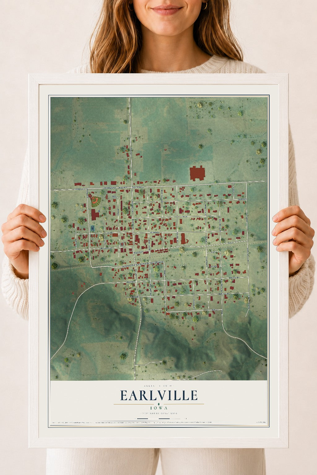 Map of Earlville, Iowa, 18 x 24 inch print in a white wood frame