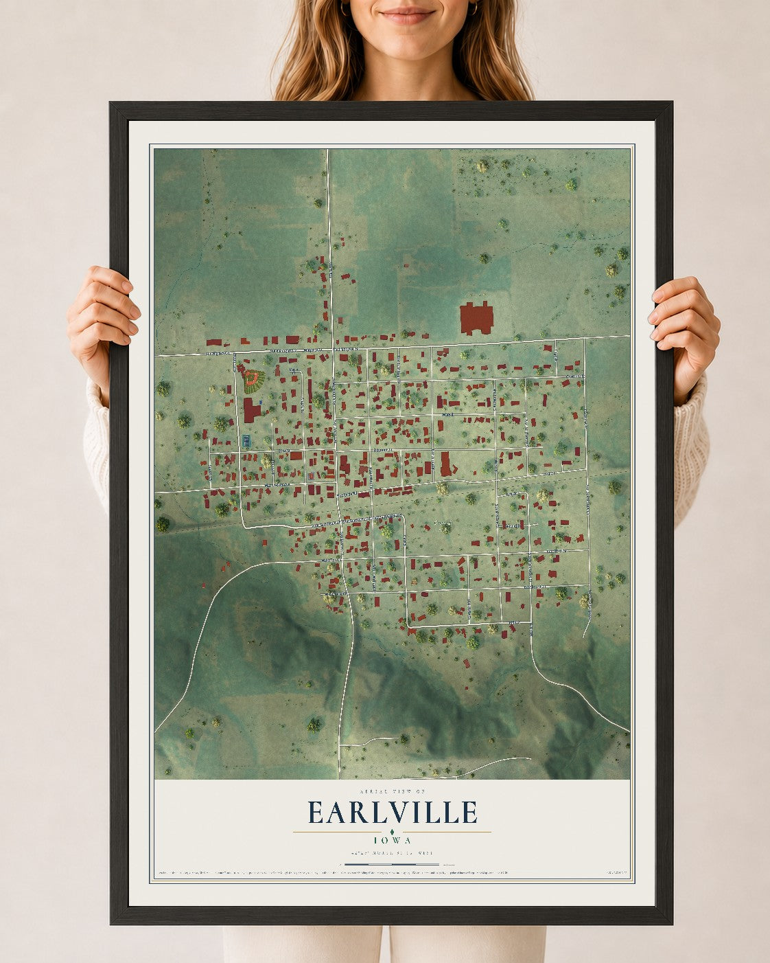 Map of Earlville, Iowa, 24 x 36 inch print in a black wood frame