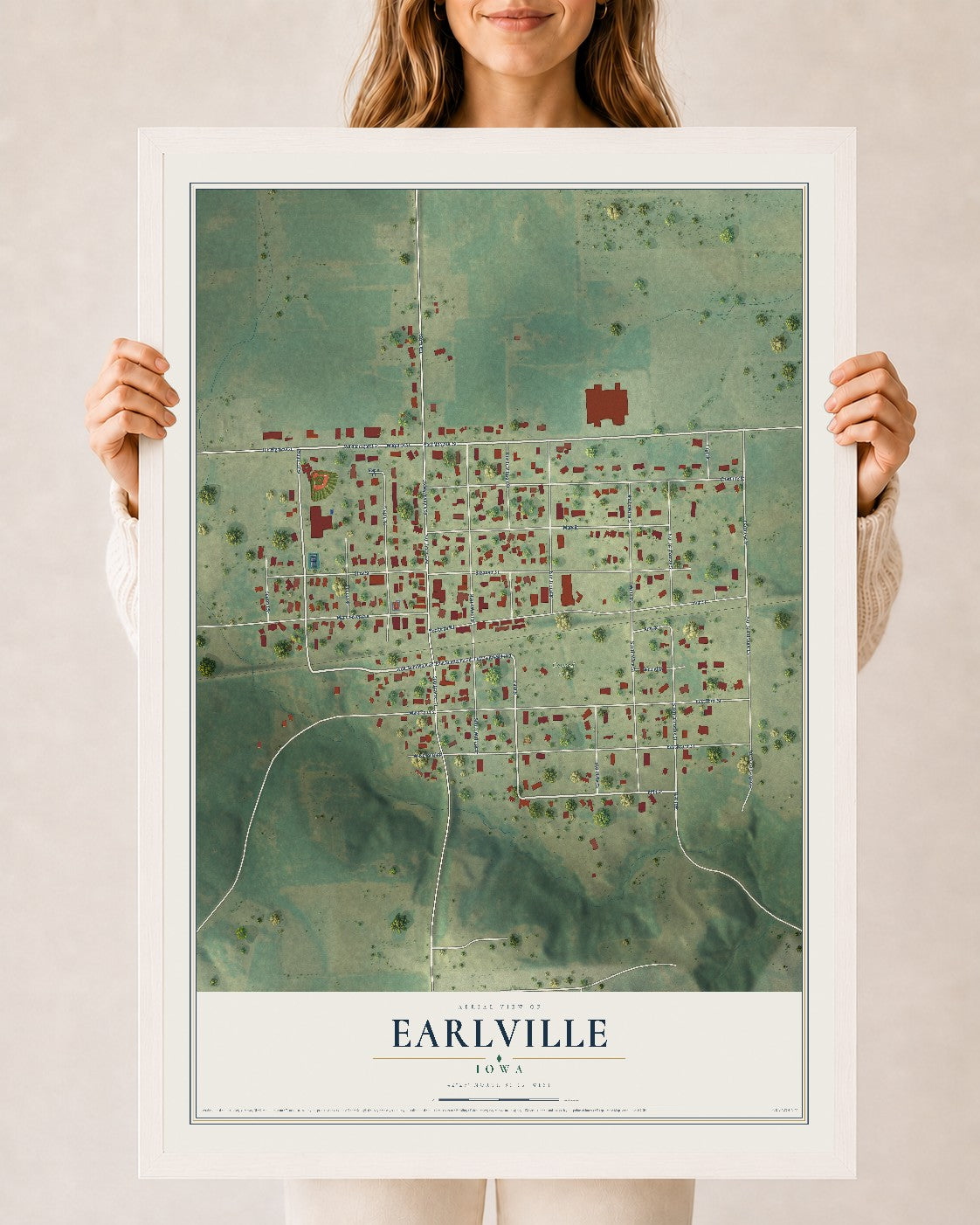 Map of Earlville, Iowa, 24 x 36 inch print in a white wood frame