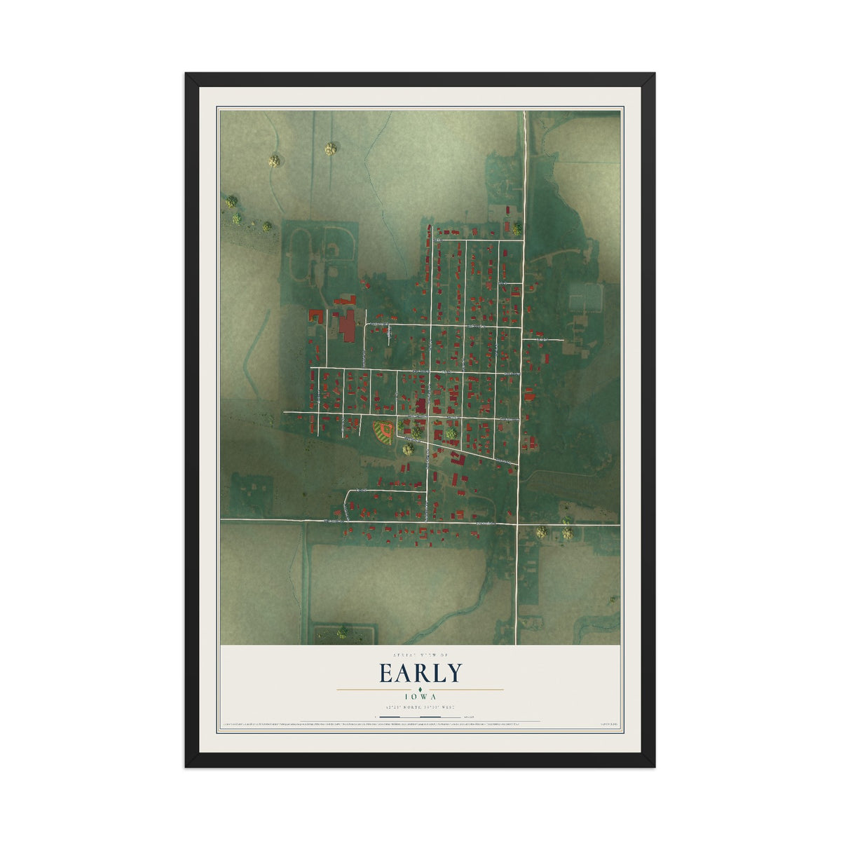 Map of Early, Iowa, 12 x 18 inch print in a black wood frame