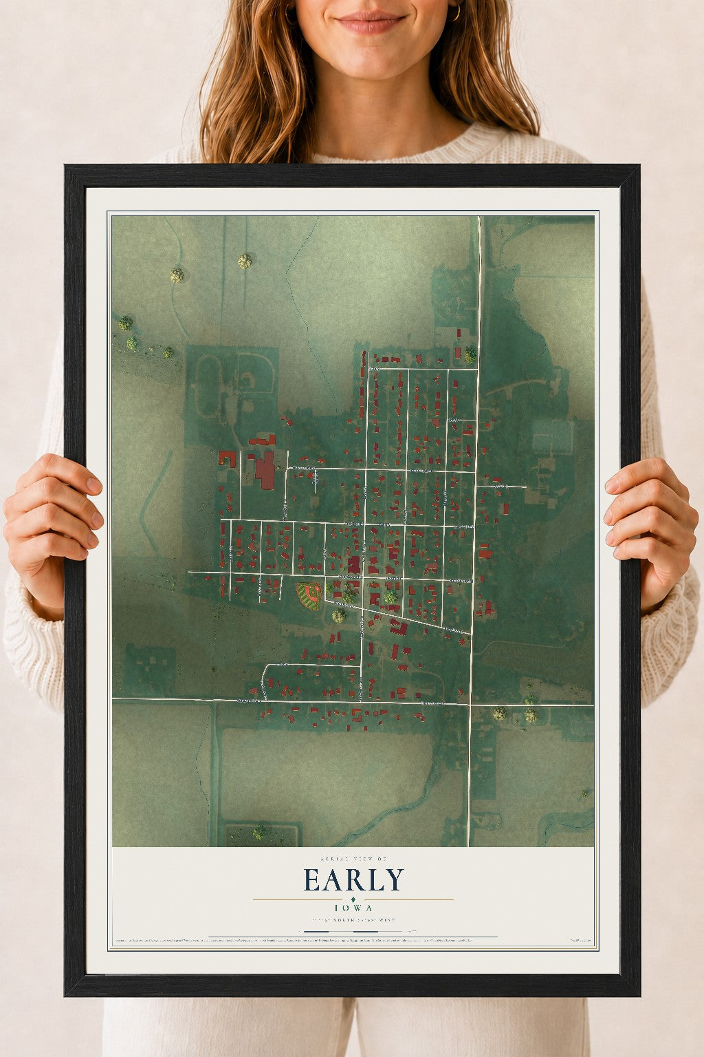 Map of Early, Iowa, 18 x 24 inch print in a black wood frame