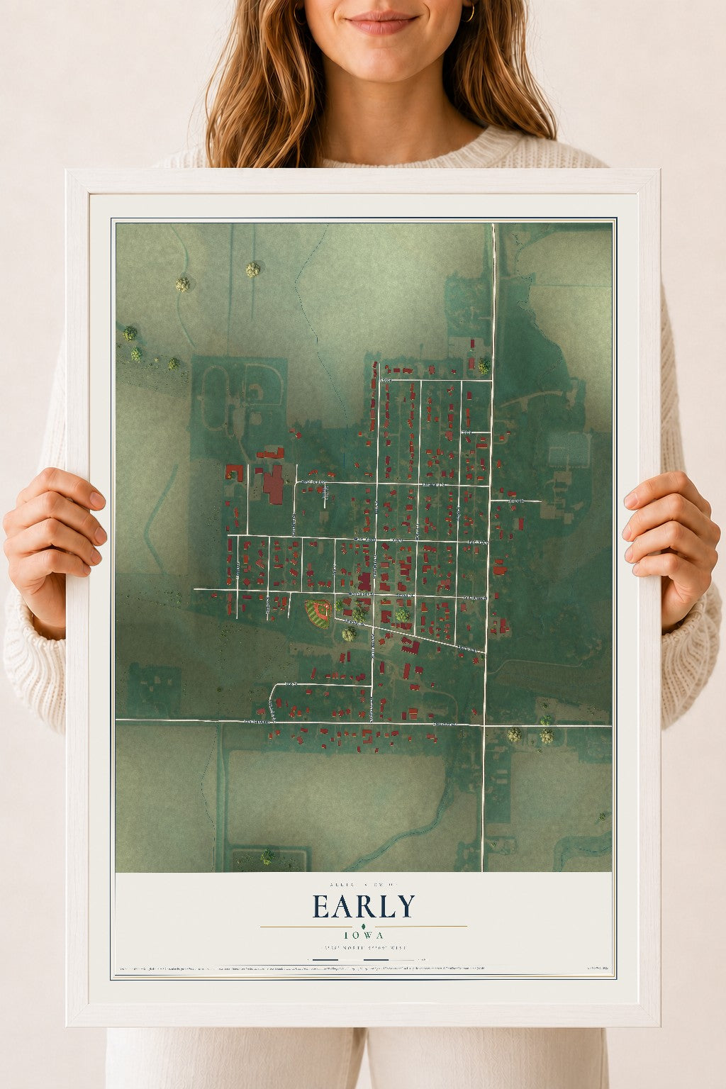 Map of Early, Iowa, 18 x 24 inch print in a white wood frame