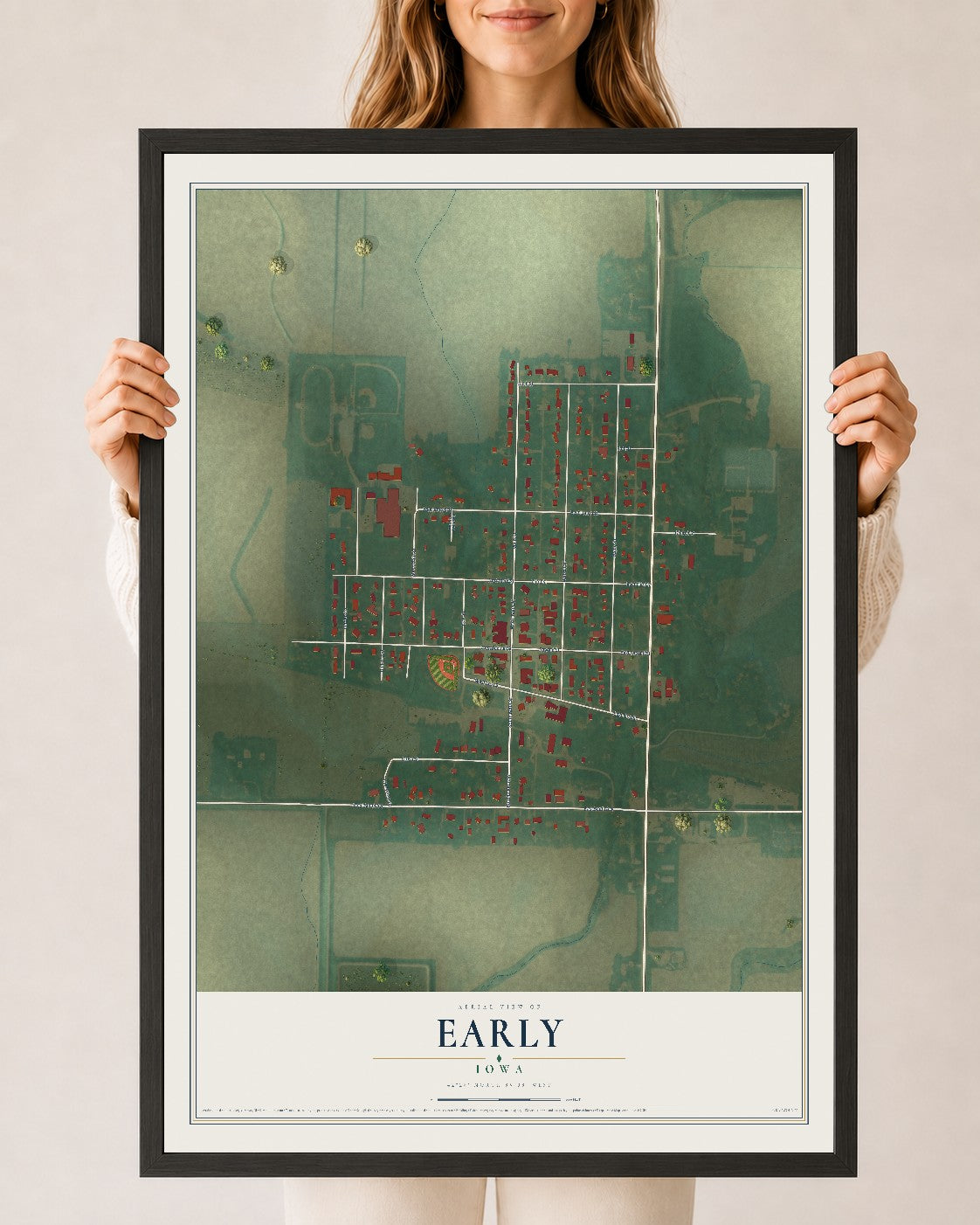 Map of Early, Iowa, 24 x 36 inch print in a black wood frame