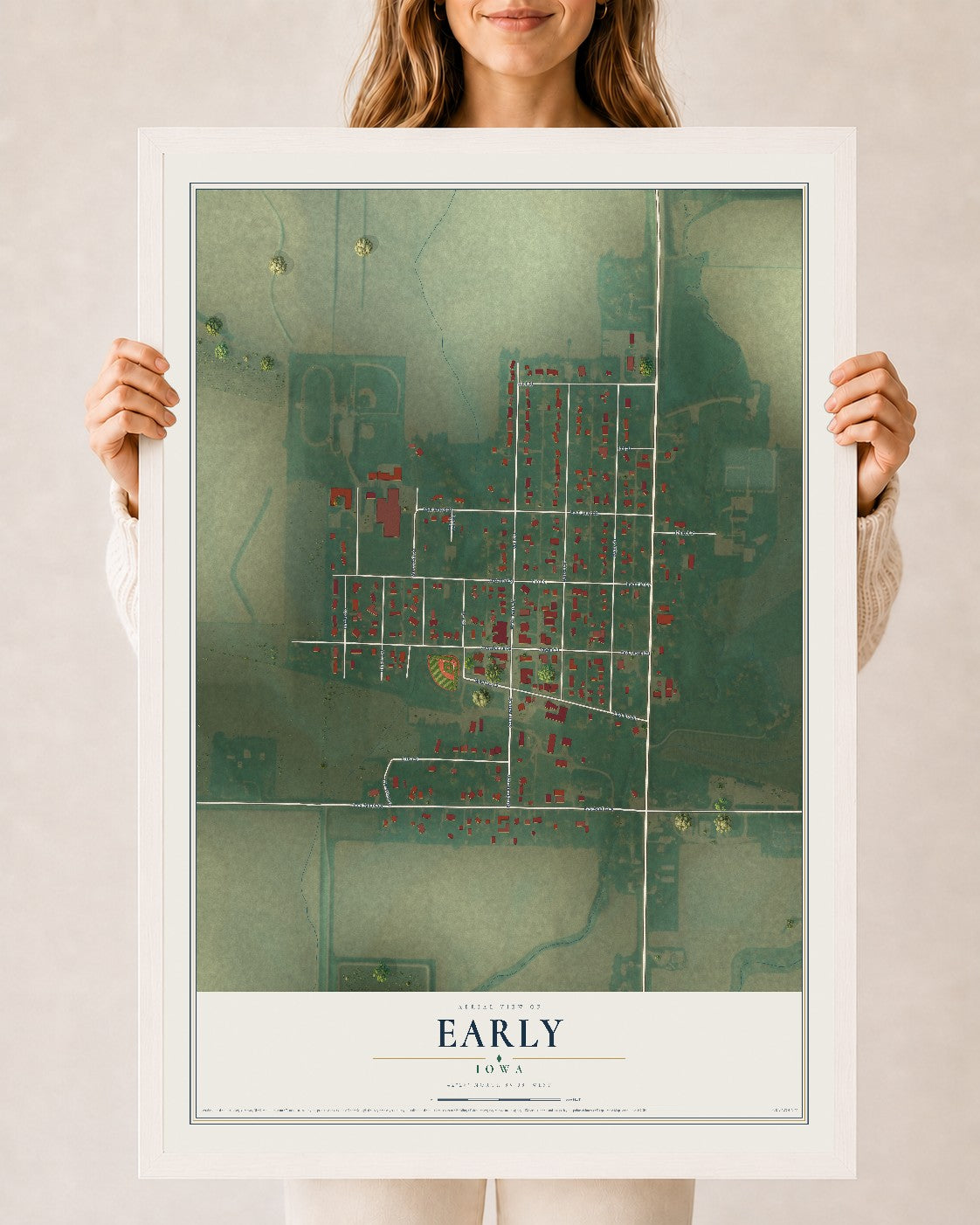 Map of Early, Iowa, 24 x 36 inch print in a white wood frame