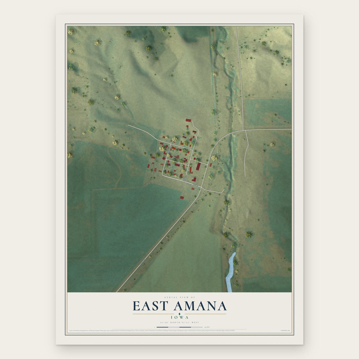 East Amana, Iowa map print, the full design