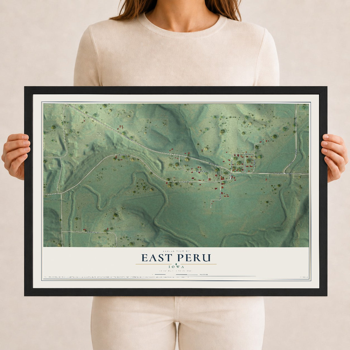 Map of East Peru, Iowa, 12 x 18 inch print in a black wood frame
