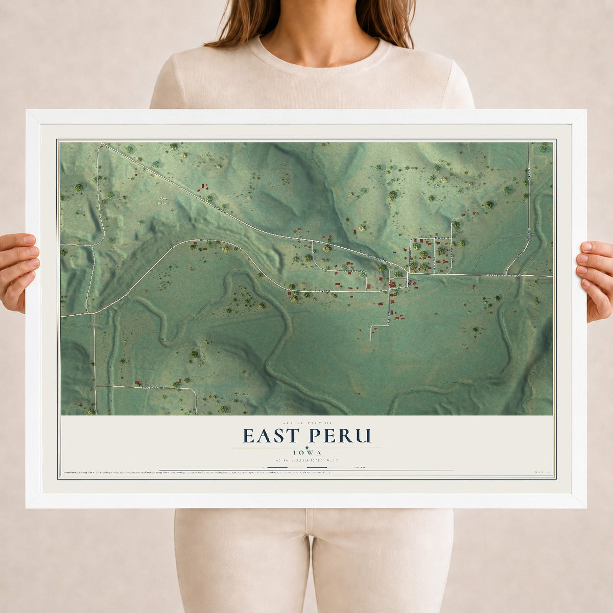 Map of East Peru, Iowa, 18 x 24 inch print in a white wood frame