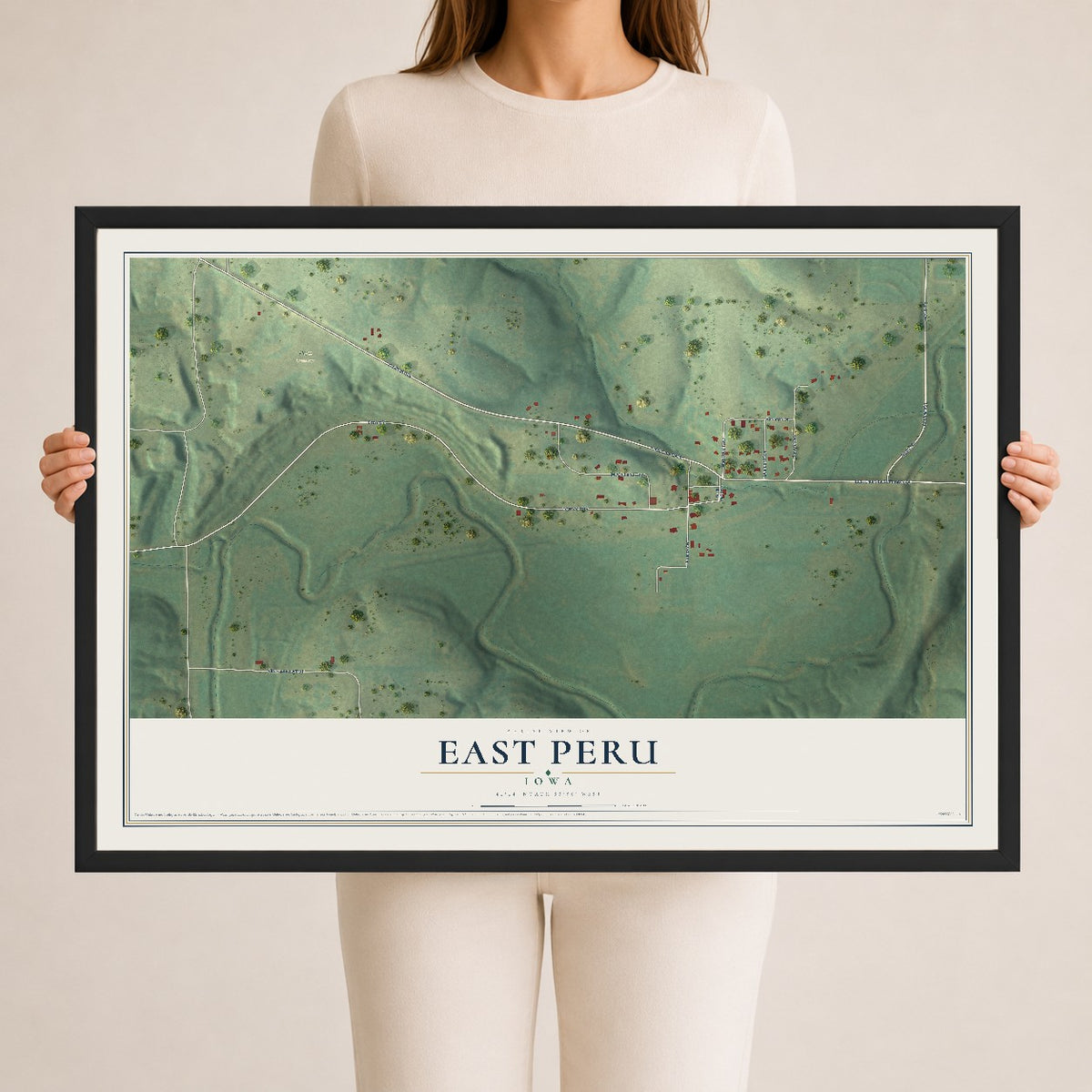 Map of East Peru, Iowa, 24 x 36 inch print in a black wood frame