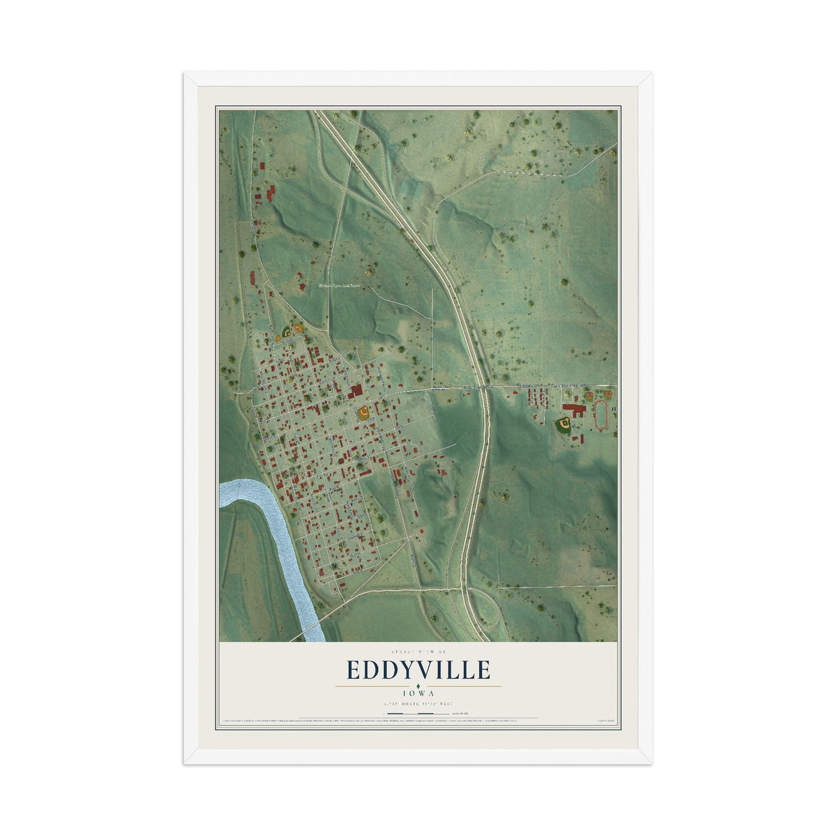 Map of Eddyville, Iowa, 12 x 18 inch print in a white wood frame